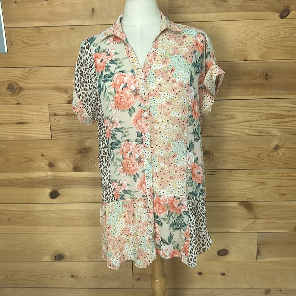 Umgee Peach Floral & Leopard Patchwork Tunic